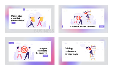 Fototapeta na wymiar Managers Office People Lifestyle, Website Landing Page Set, Business People Shoot Target, Carry Money Stacks, Making Announcement by Megaphone. Web Page, Cartoon Flat Vector Illustration, Banner
