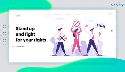 Protesting People with Placards on Strike or Demonstration, Banners and Signs Against Election or Candidate Voting, Protest, Website Landing Page, Web Page. Cartoon Flat Vector Illustration, Banner