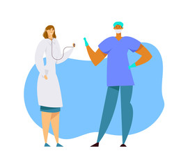 Hospital Healthcare Staff at Work, Female Doctor in Medical Robe with Stethoscope, Surgeon Character in Uniform and Gloves, Clinic, Medicine Profession, Occupation. Cartoon Flat Vector Illustration