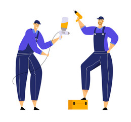 Mechanics Characters Dressed in Blue Overalls Holding Drill and Spray Gun, Repair Service Staff with Instruments in Hand, Auto Checking and Maintenance, Car Fixing. Cartoon Flat Vector Illustration