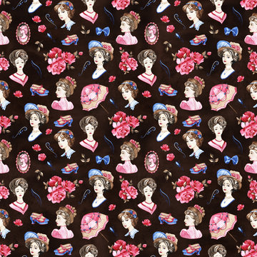 Watercolor vintage seamless pattern. 1900s. Hand drawn graphic fashion sketch.