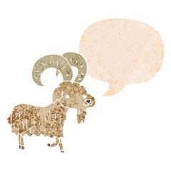 cartoon goat and speech bubble in retro textured style
