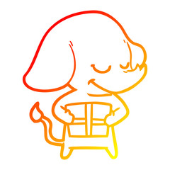 warm gradient line drawing cartoon smiling elephant with present