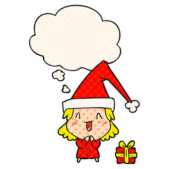 cartoon girl wearing christmas hat and thought bubble in comic book style