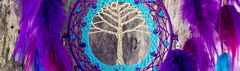 Banner of Handmade dream catcher with feathers threads and beads rope hanging