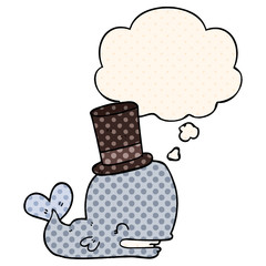cartoon whale wearing top hat and thought bubble in comic book style