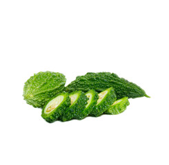 Bitter gourd pile with piece on white background. vegetable herb Nourish the health body