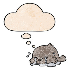 cartoon crying fish and thought bubble in grunge texture pattern style