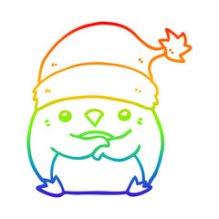 rainbow gradient line drawing cute cartoon penguin wearing christmas hat