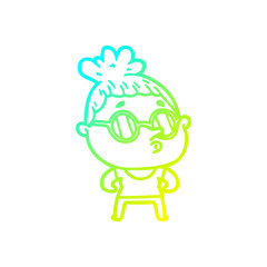 cold gradient line drawing cartoon woman wearing glasses