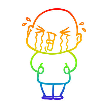 rainbow gradient line drawing cartoon crying bald man