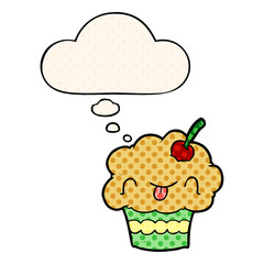 cartoon cupcake and thought bubble in comic book style