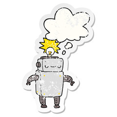 cartoon robot and thought bubble as a distressed worn sticker