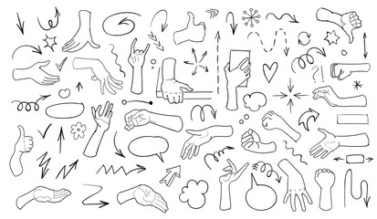 Set of arrow doodle on white background. Hand drawn doodle realistic hands. Vector illustration