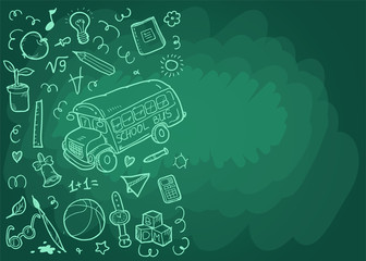 Back to School concept background with doodles. Green school board. Vector illustration