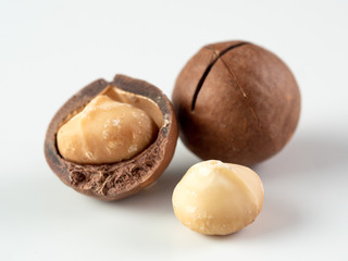 Three peeled macadamia nuts on white background. Set of three macadamia nuts - whole unshelled, with open shells, and shelled. isolated on white. Copy space for text.