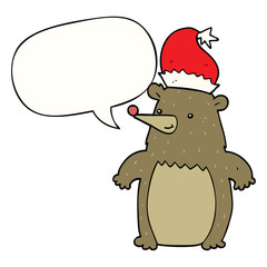 cartoon bear wearing christmas hat and speech bubble