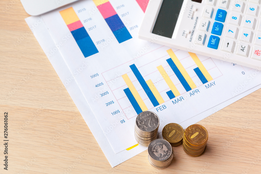 Poster saving stack coins money concept. graph, chart document close up