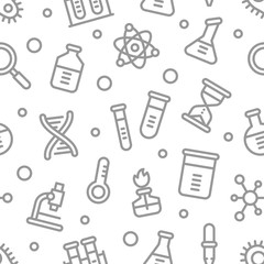 Chemistry science laboratory outline vector seamless pattern. Pharmacy and chemistry, education and science elements and equipment