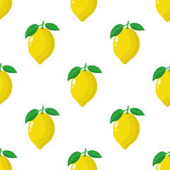 Seamless pattern with fresh whole lemon fruit on white background. Vector illustration for design, web, wrapping paper, fabric, wallpaper.