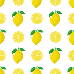 Seamless pattern with fresh whole, half lemon fruit on white background. Vector illustration for design, web, wrapping paper, fabric, wallpaper.