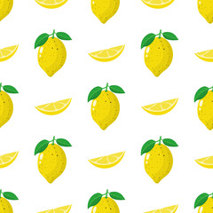 Seamless pattern with fresh whole, slice lemon fruit on white background. Vector illustration for design, web, wrapping paper, fabric, wallpaper.