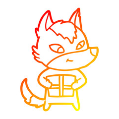 warm gradient line drawing friendly cartoon wolf with gift