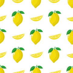 Seamless pattern with fresh whole, slice lemon fruit on white background. Vector illustration for design, web, wrapping paper, fabric, wallpaper.