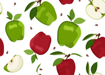 Apple seamless pattern and slice dropping on white background. Red and Green apples fruits vector illustration.