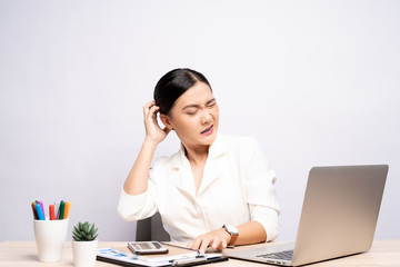 Woman scratching her head at office isolated white background
