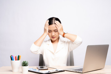 Woman has headache at office isolated over white background