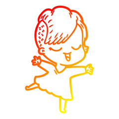 warm gradient line drawing happy cartoon girl dancing