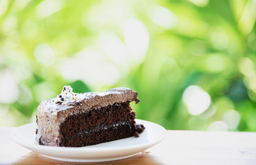 Chocolate cake on table with green garden background - relax with bakery and nature concept