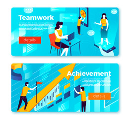 Vector set of bright banner templates with teamwork and achievement working process. With place for your text.