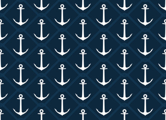 Seamless vector texture white steel ship anchor and intertwined with ropes. Blue background.