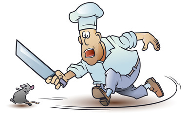 Funny little men. Cook runs after mouse. Chef and rat.
