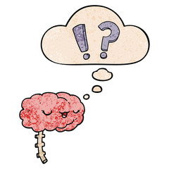 cartoon curious brain and thought bubble in grunge texture pattern style