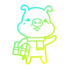 cold gradient line drawing cartoon angry pig with christmas present