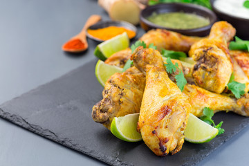 Indian chicken tandoori, marinated in greek yogurt  and spices, served with lime wedges and cilantro on slate plate, horizontal, copy space