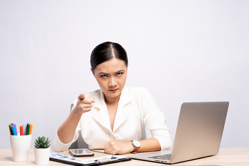 Angry woman working at office isolated over background