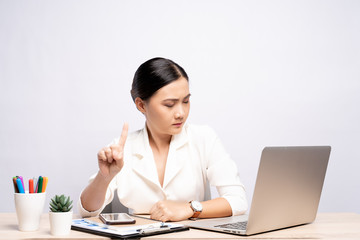 Angry woman working at office isolated over background