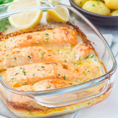 Baked in creamy sauce salmon in glass baking dish, square format