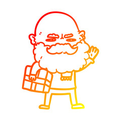 warm gradient line drawing cartoon man with beard frowning with xmas gift