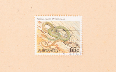 AUSTRALIA - CIRCA 1980: A stamp printed in Australia shows a yellow-faced whip snake, circa 1980
