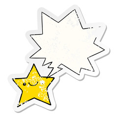 happy cartoon star and speech bubble distressed sticker