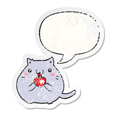 cute cartoon cat in love and speech bubble distressed sticker