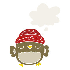 cute cartoon owl in hat and thought bubble in retro style