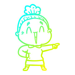 cold gradient line drawing cartoon happy old lady