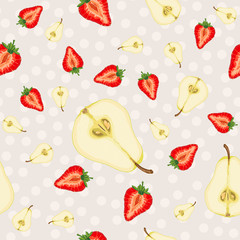 Vector seamless pattern with fruit slices. Strawberries and pears on a beige polka dot background