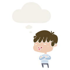 cartoon boy sticking out tongue and thought bubble in retro style